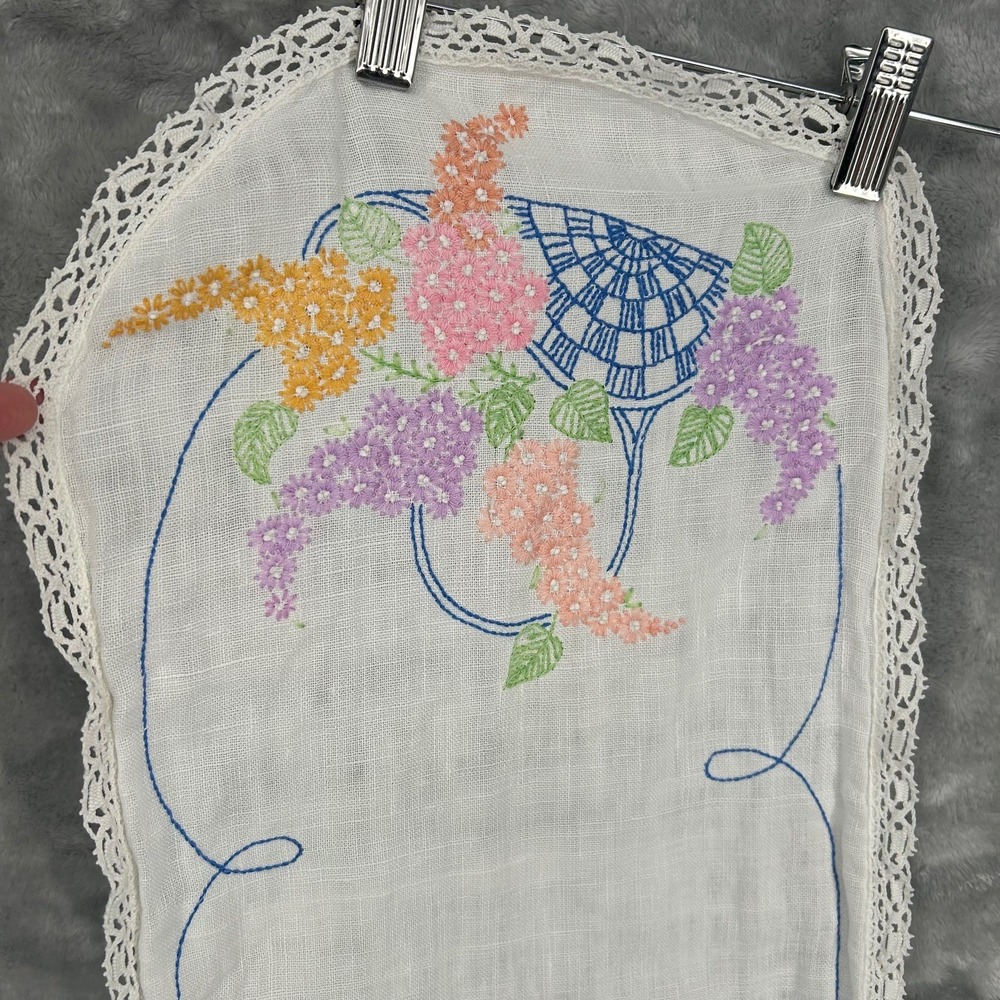 Vintage Hand Embroidered Linen Table Runner Floral Basket Lace Trim White 36in